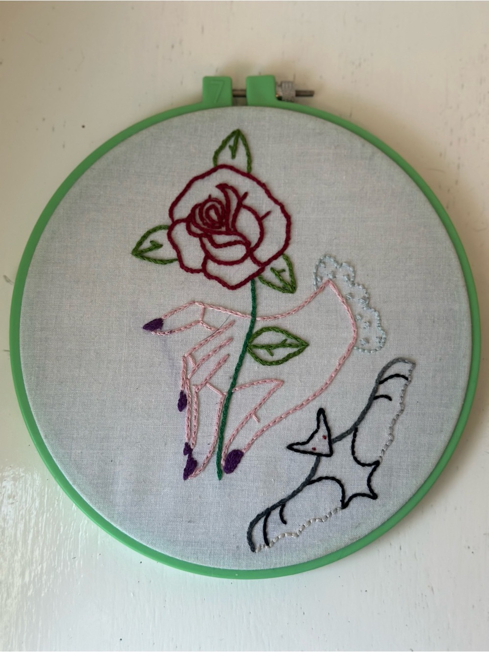Hand-Embroidered Rose & Hand Art Hoop in Mint Green